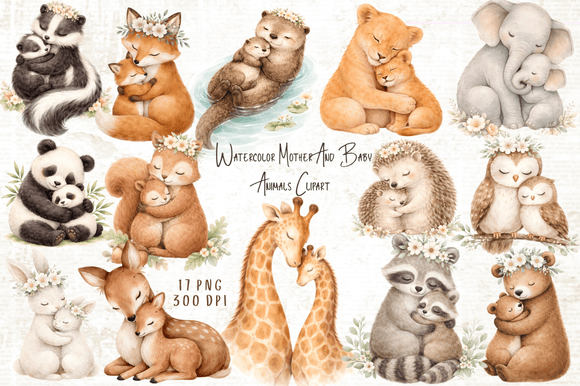 Download Mother &amp; Baby Animals Watercolor Clipart - Color Collection