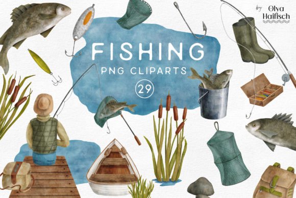 Download Watercolor Fishing Tackle Clipart Set - Color Collection