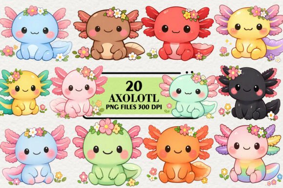 Download Kawaii Axolotl Floral Clipart Bundle - Flora Collection