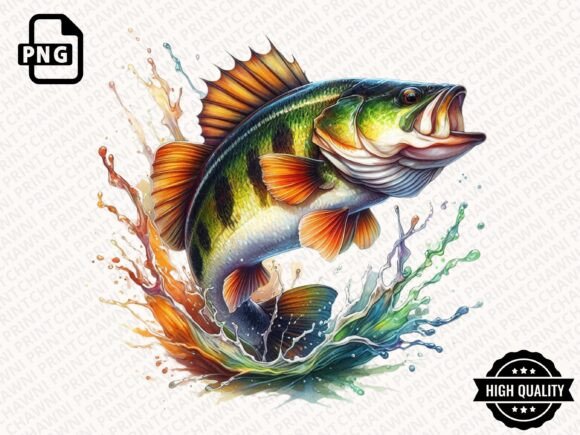 Download Watercolor Jumping Bass Fish Clipart PNG - Color Collection