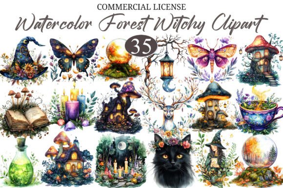 Download Watercolor Forest Witchy Clipart - Color Collection