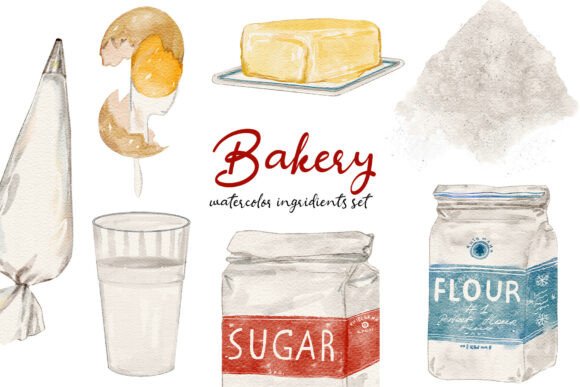 Download Watercolor Bakery Ingridients Set - Color Collection